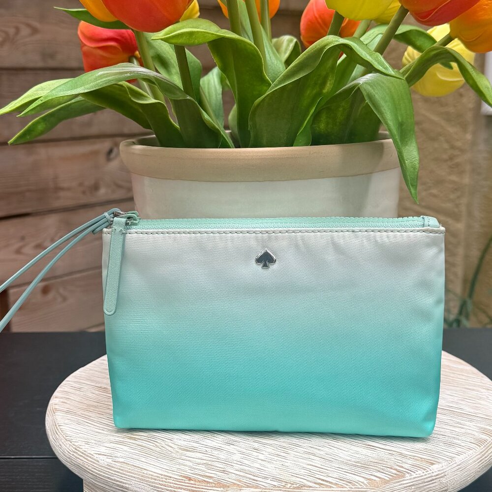 Kate Spade Jae Degrade Medium Double Zip Wristlet Nylon Fiji Green Preppy New